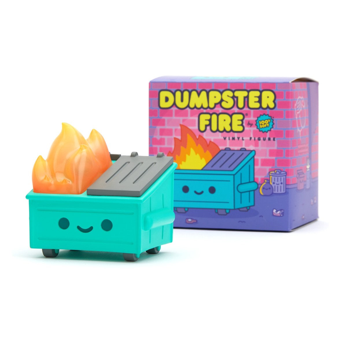 Lil Dumpster Fire vinyl figure by 100% Soft, a toy dumpster with flames, car, and flame close-ups.