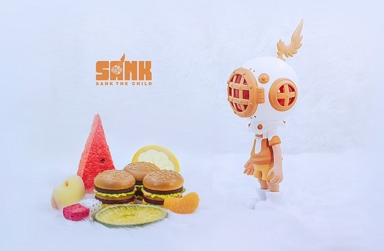 Little Sank - Dessert Exclusive by SANK TOYS: Toy with mask, hamburger, watermelon, and more on plate.