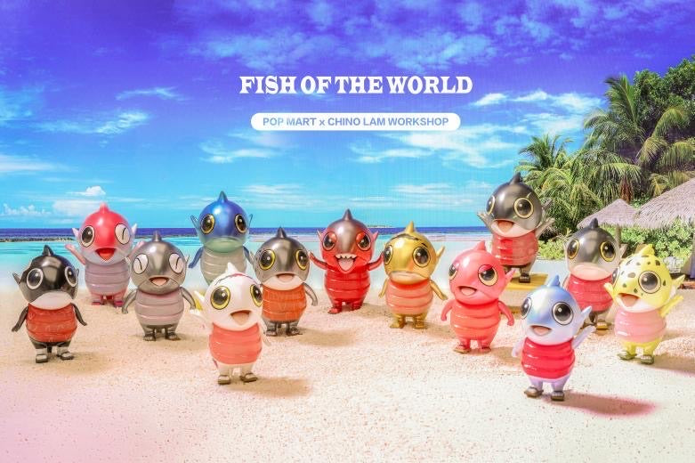 A group of toy animals on a beach, including a toy with big eyes and a sad face, part of Fish Of The World by Chino Lam x POP MART.