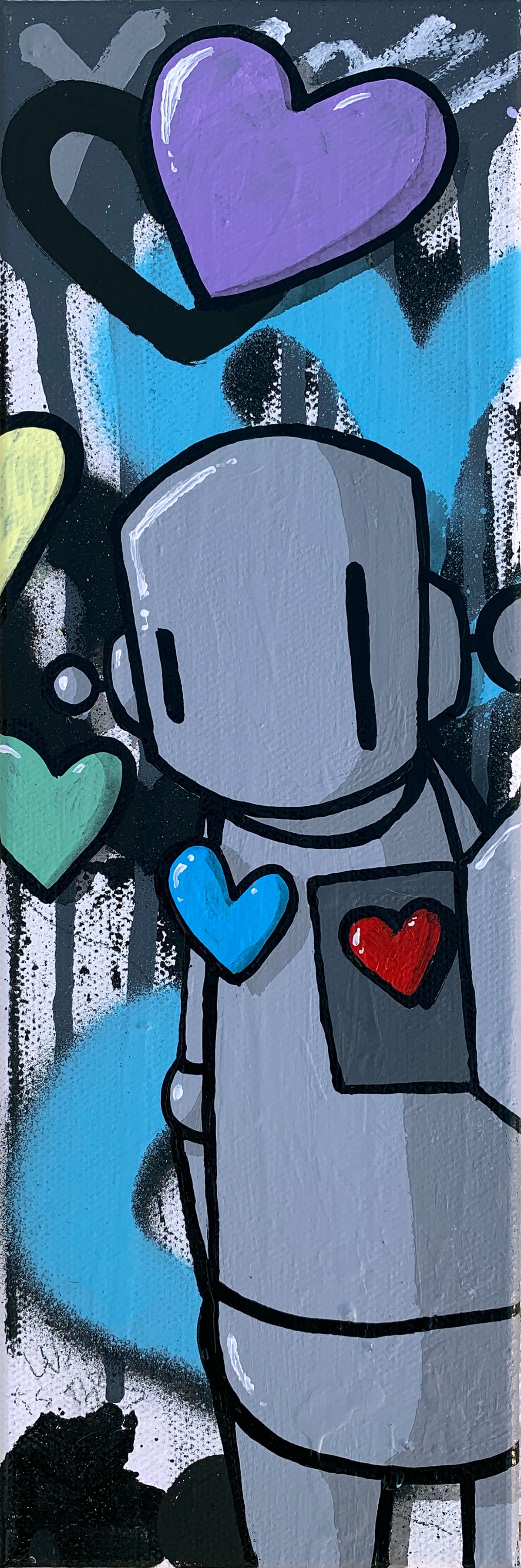 A close-up mixed media painting of a robot and hearts on canvas, 4x12.