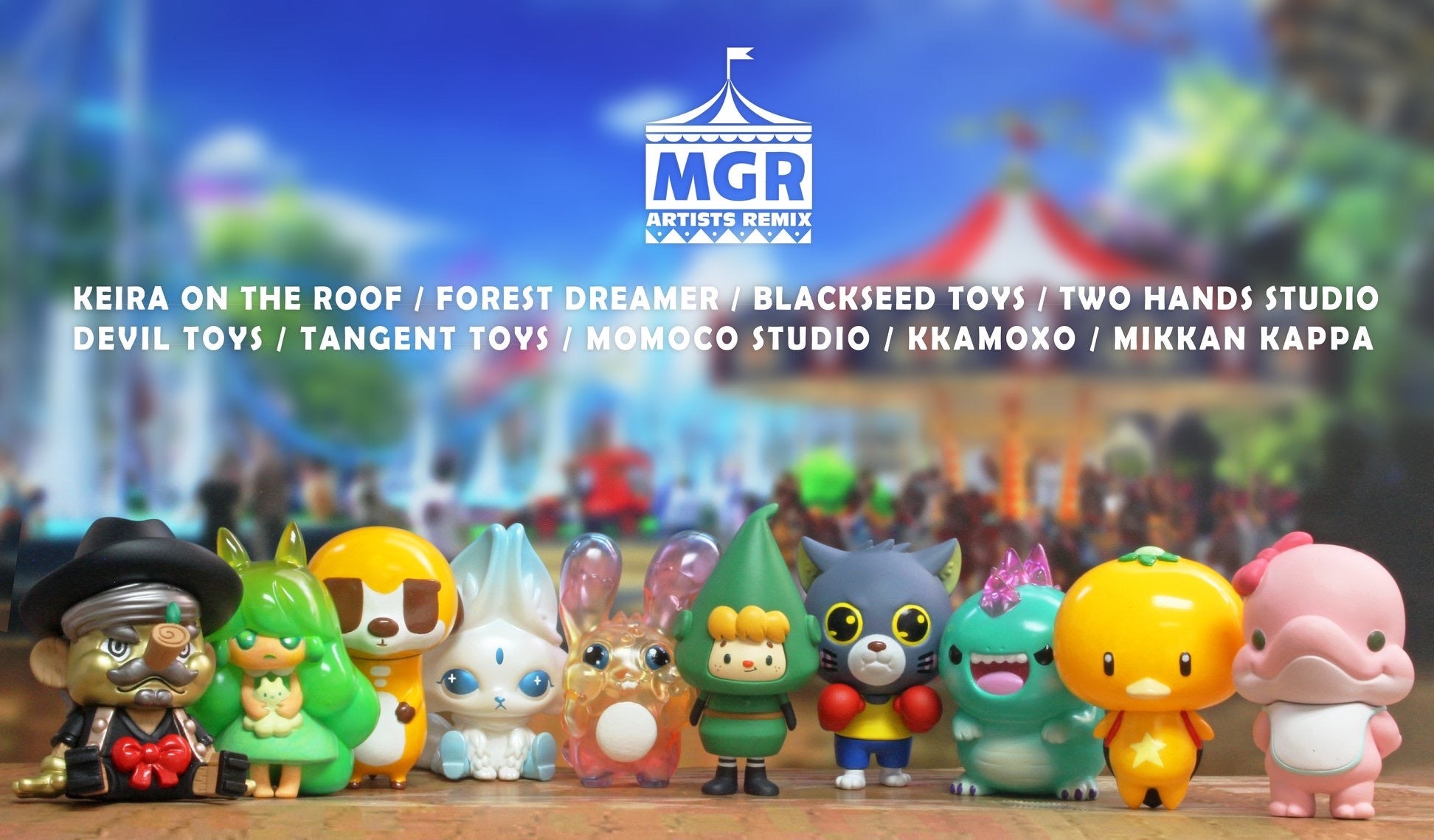 MGR Artist Remix Blindbox Series: A group of small toys by various designers, including Blackseed Toys and Devil Toys, made of PVC material.