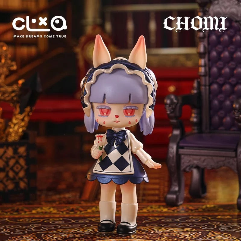 Chomi - Lost Nightmare Blind Box Series: Toy figurine of a girl, clown, chair, doll's feet, and bow tie in a room.