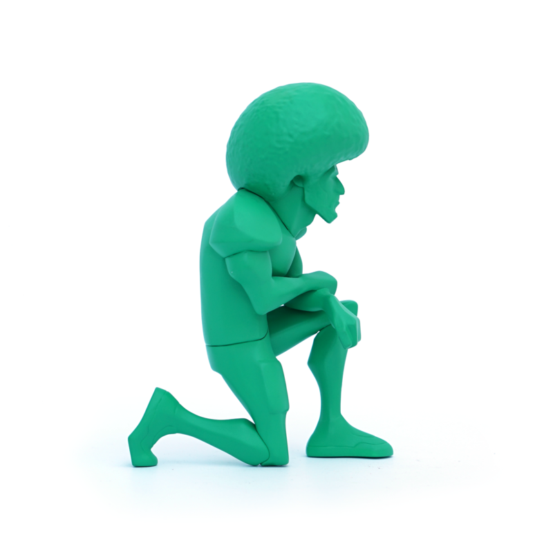 Vinyl toy figurine of a man with large hair, part of The Messenger - Green edition by kaNO.