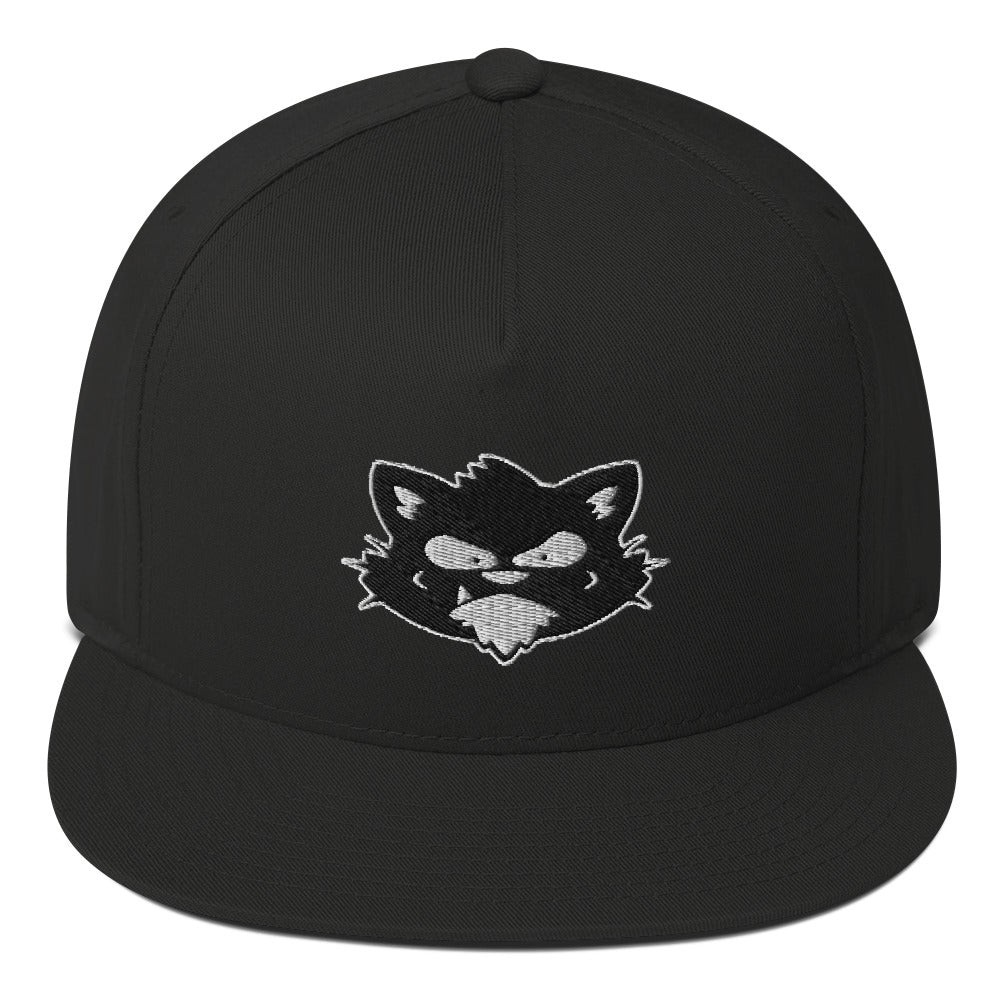 A structured five-panel cap with a cartoon cat face design and snapback closure.