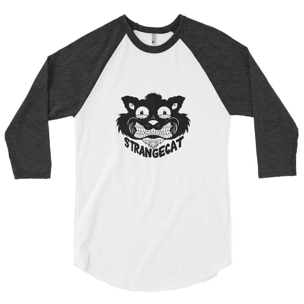 A baseball raglan shirt featuring a cat face logo by Strangecat Alex Pardee. ¾ Sleeve, poly-cotton blend, made in the USA.