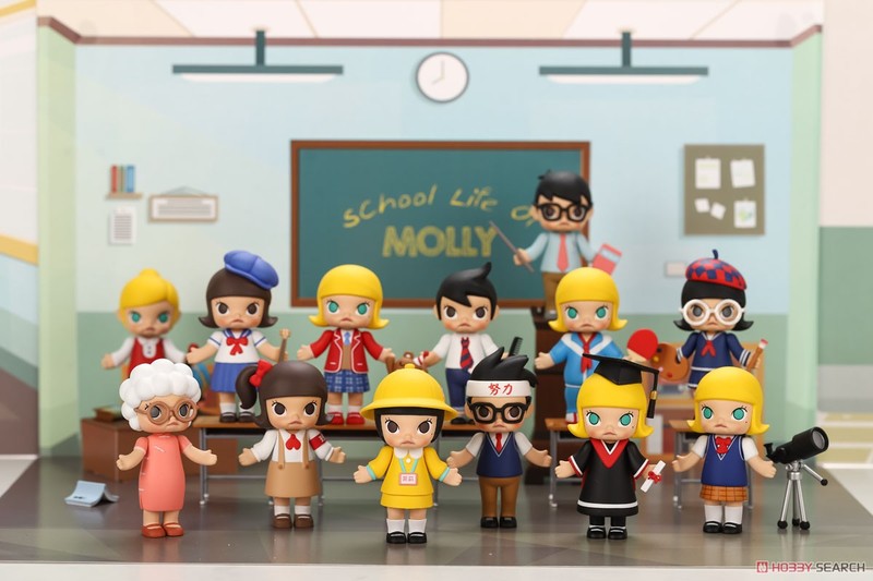 Molly School Life Series toy figurines by Kennyswork x Pop Mart in a classroom setting.
