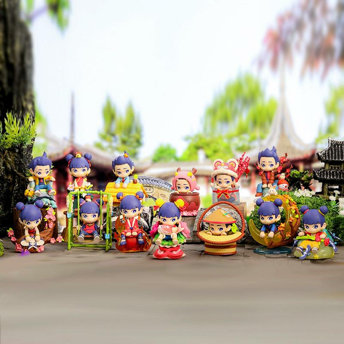 Nezha Seasonal Flowers Blind Box Series figurines including a toy doll, girl figurines, and cartoon characters.