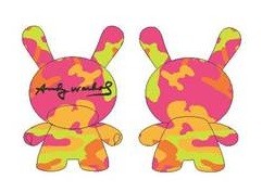 A couple of cartoon stuffed animals, part of the Andy Warhol x Kidrobot x All-Over Camo 20 inch Dunny collection.