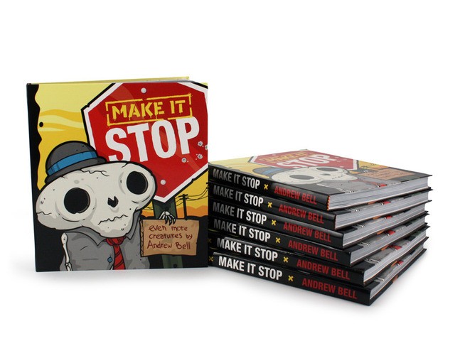 A stack of books with a cartoon character, a skeleton, and a red sign, part of Make It Stop by Andrew Bell.