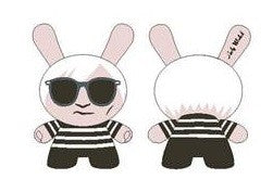 Cartoon rabbit with striped shirt, sunglasses, and white circle, part of Andy Warhol x Kidrobot 20 inch Dunny collection.