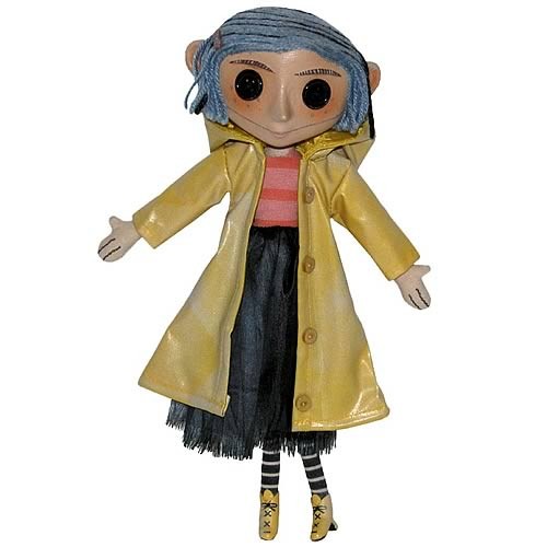 Coraline doll replica with yarn hair, button eyes, and removable yellow raincoat, poseable with wire armature.