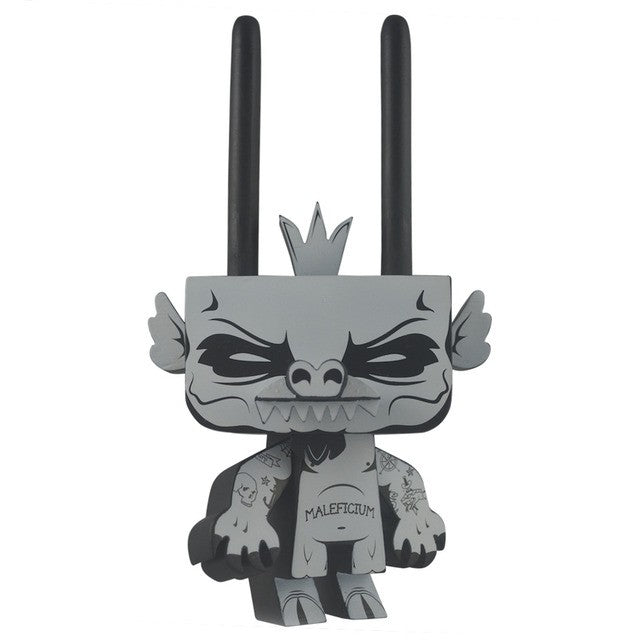 Toy figure of Sylvan: King of Mischief by Jon Paul Kaiser, a unique character with a mischievous aura, designed in black and white vinyl.