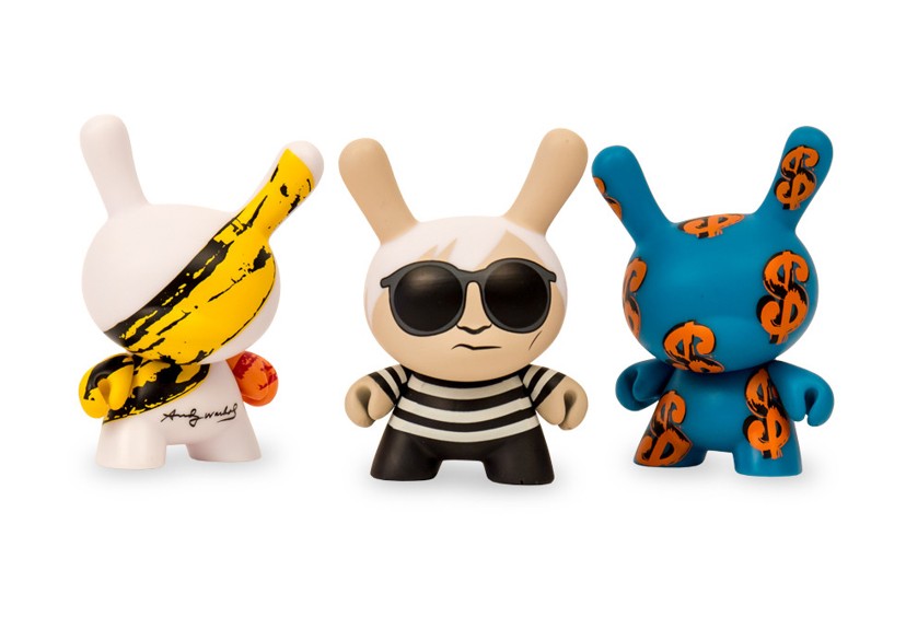 A group of unique toys inspired by iconic pop art, including a bunny-eared figure and more.