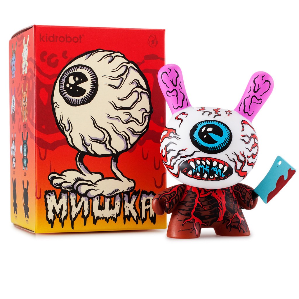 Mishka Dunny Mini Series toy with knife, box, cartoon characters, and eyeball illustration.