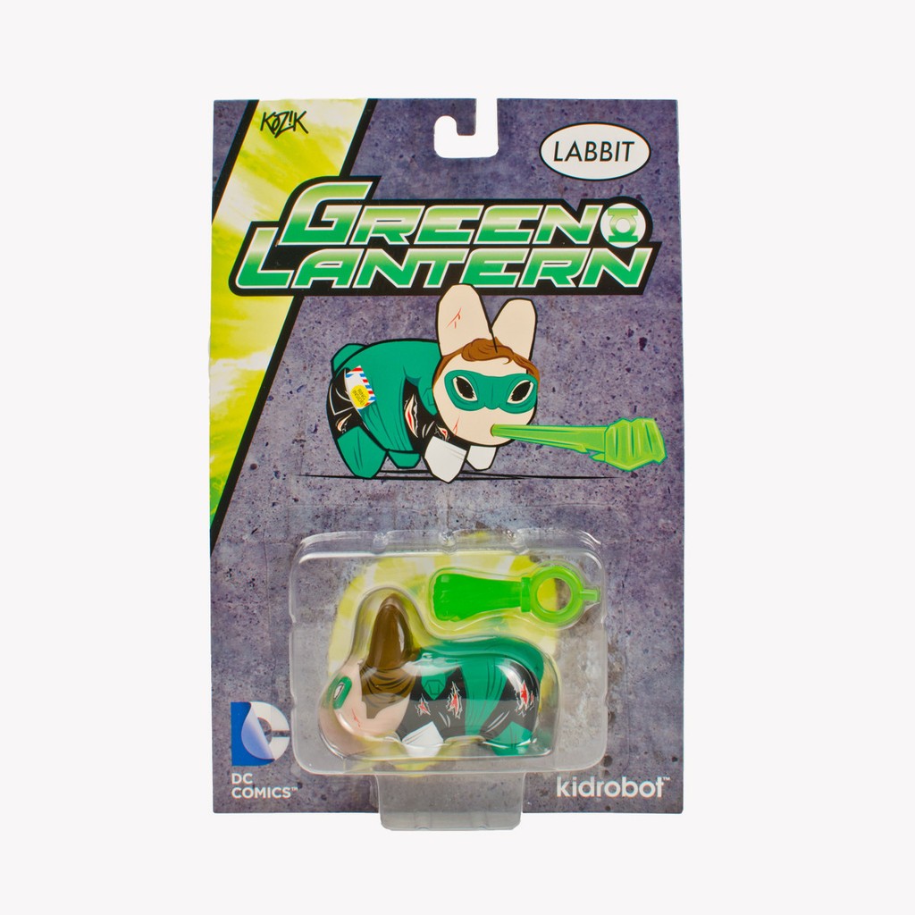 Kidrobot DC Labbit Green Lantern 2.5 Vinyl Figure x Kozik: Toy in package, plastic container, superhero cartoon, logo close-up.