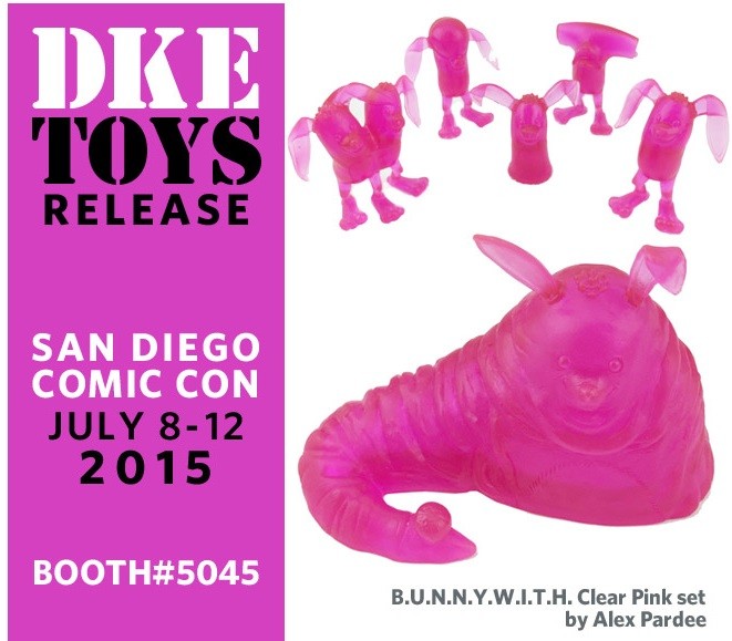 Toy figurines featuring B.U.N.N.Y.W.I.T.H. Clear Pink design by Alex Pardee and George Gaspar, limited edition set for SDCC 2015.