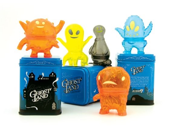 A group of mini figures by Super7, featuring Peg Leg, Bump, Six-Gun, Blowfish, and Working Stiff from the Ghost Land series.