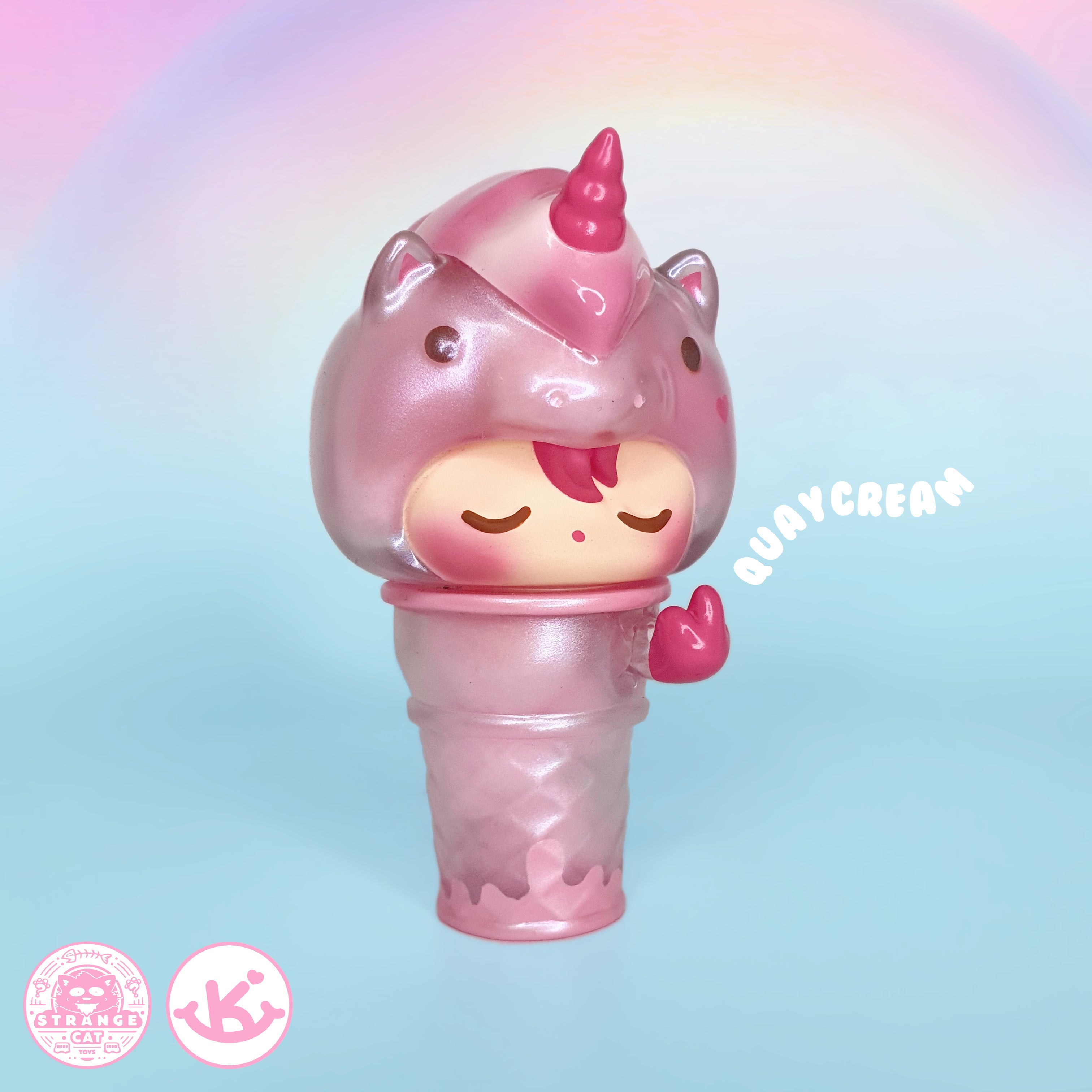 Toy with rotating head, limited edition QuayCream - Cotton Candy Edition by KiK, a collaboration between StrangeCat Toys and KiK Toyz.