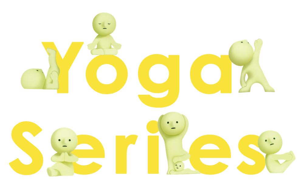 A group of cartoon characters practicing yoga poses, including a yellow character meditating and another with hands together, part of the SMISKI Yoga Series.