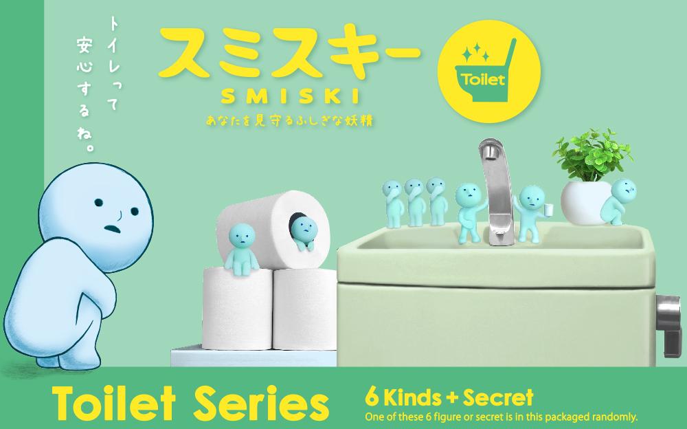 A poster of a bathroom scene with a sink, toilet paper, a potted plant, a faucet, a knife, and blue Smiski characters.