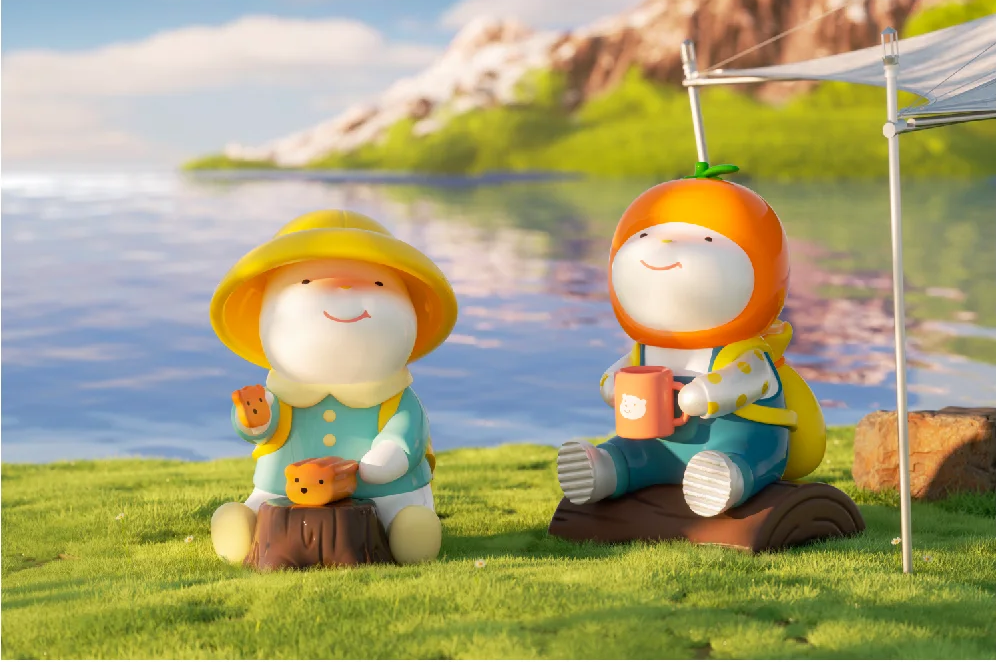 Two dolls on grass with toys in hat and garment from REPOLAR SPRING IS COMING Blind Box Series.