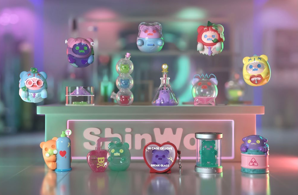 ShinWoo Lovesick Lab Blind Box Series toy collection featuring various figurines, including a heart mirror, bear, and pig shapes.