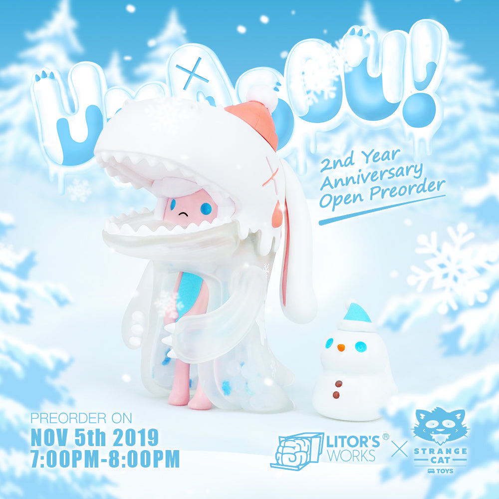 Umasou Snow Rabbit 2 year anniversary toy: Snowman cartoon in garment, toy, and sign close-ups.
