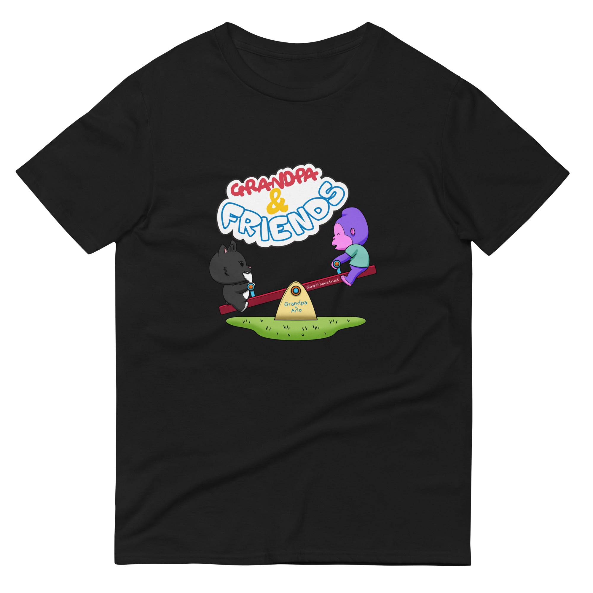Grandpa & Friends - Unisex Shirt featuring cartoon characters on a black t-shirt.