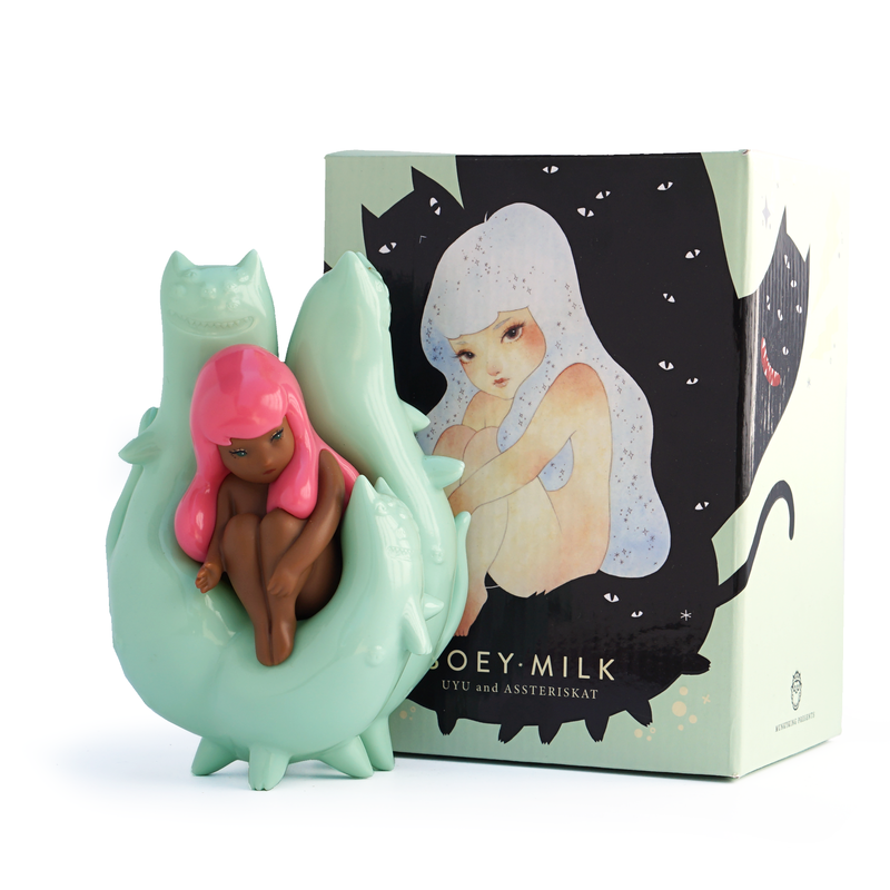 Toy figurine of a girl in a cat box, close-up doll, mermaid milk box, small doll in green object, painting - Uyu & Assteriskat - Moon Jelly by SOEY MILK.